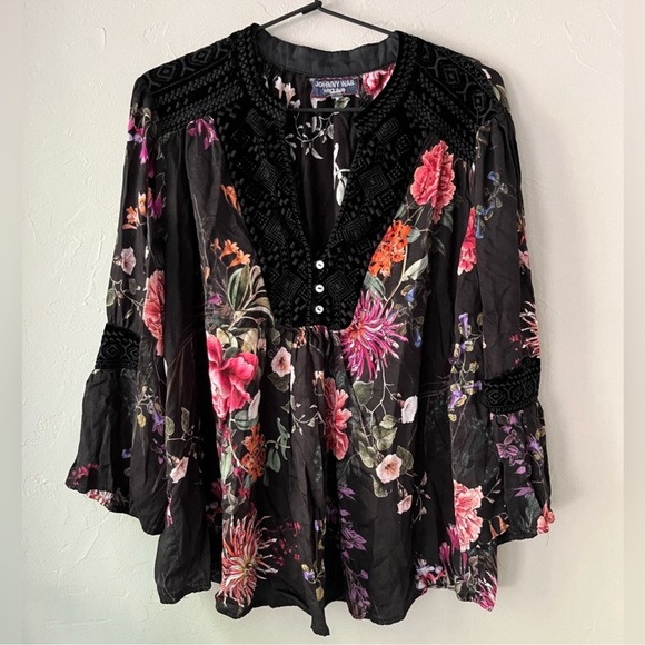 JOHNNY WAS BLACK FLORAL VELVET ACCENT SILK BLEND BLOUSE XL - Picture 1 of 4
